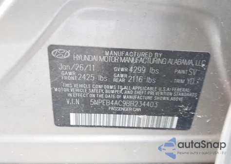 2011 Hyundai Sonata Gls from USA, damaged, VIN 5NPEB4AC9BH234403
